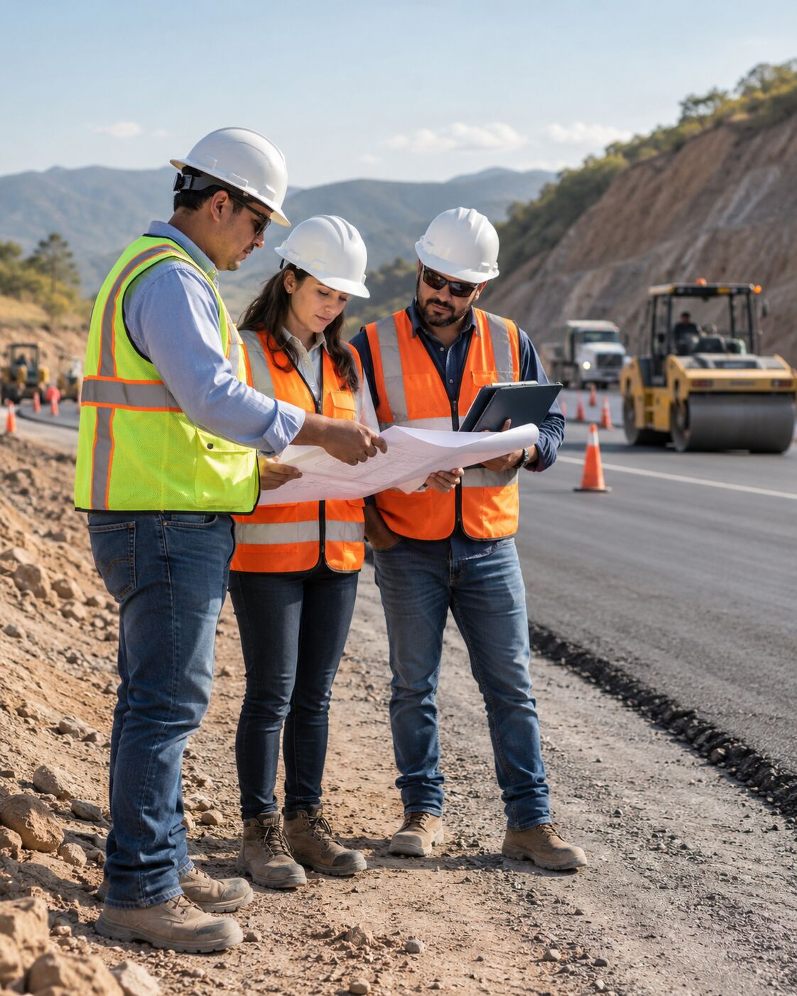 Tres profesionales con casco revisan planos junto a una carretera en obra