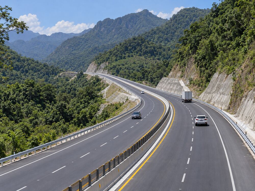 Autopista de cuatro carriles entre cerros boscosos