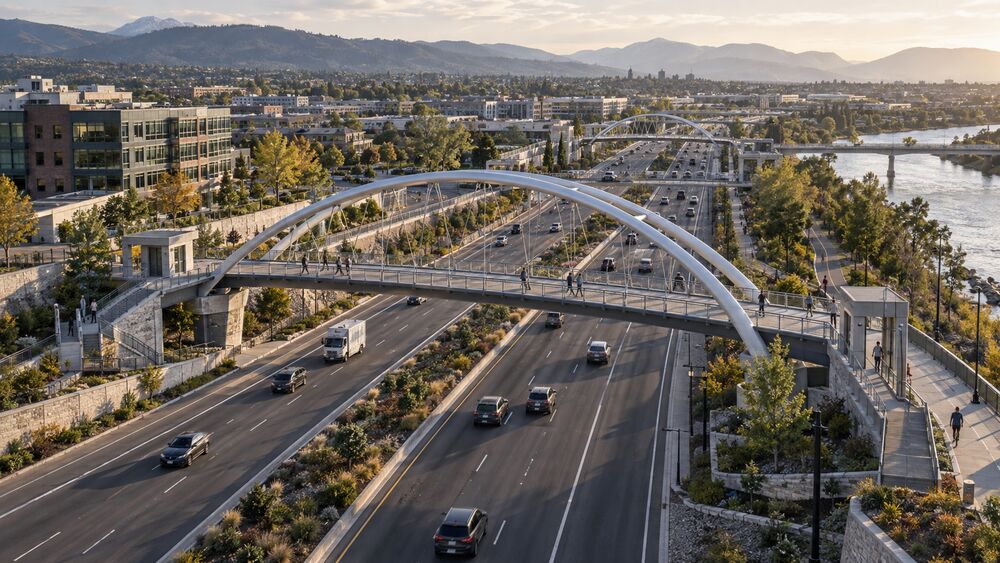 Vista aérea de una autopista urbana con puente peatonal en arco